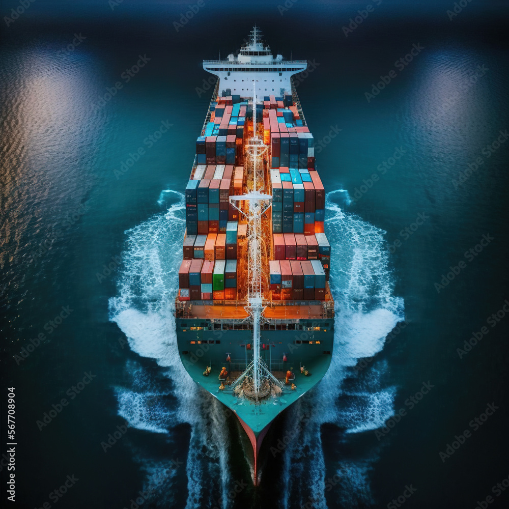 Container ship carrying container box in import export with quay crane ...