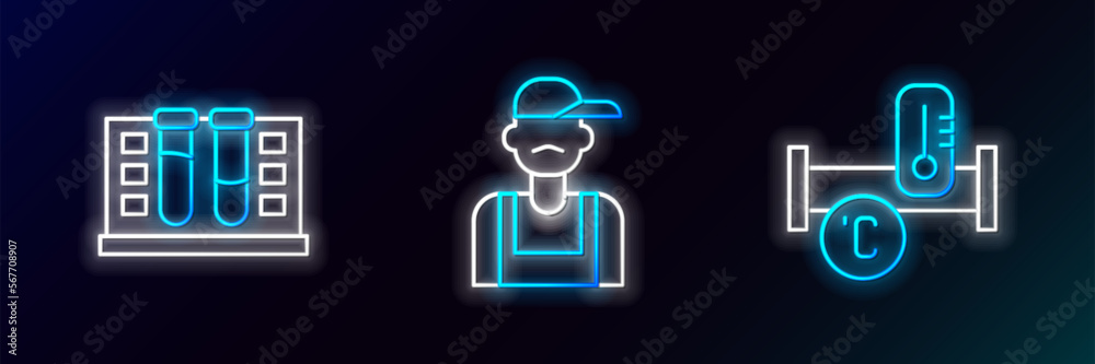 Set line Industry metallic pipe, Test tube with water drop and Plumber icon. Glowing neon. Vector Set line Industry metallic pipe, Test tube with water drop and Plumber icon. Glowing neon. Vector