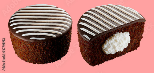 Chocolate covered with milky cream, cocoa cake. Isolated on background. 3d illustration. Snack Food
