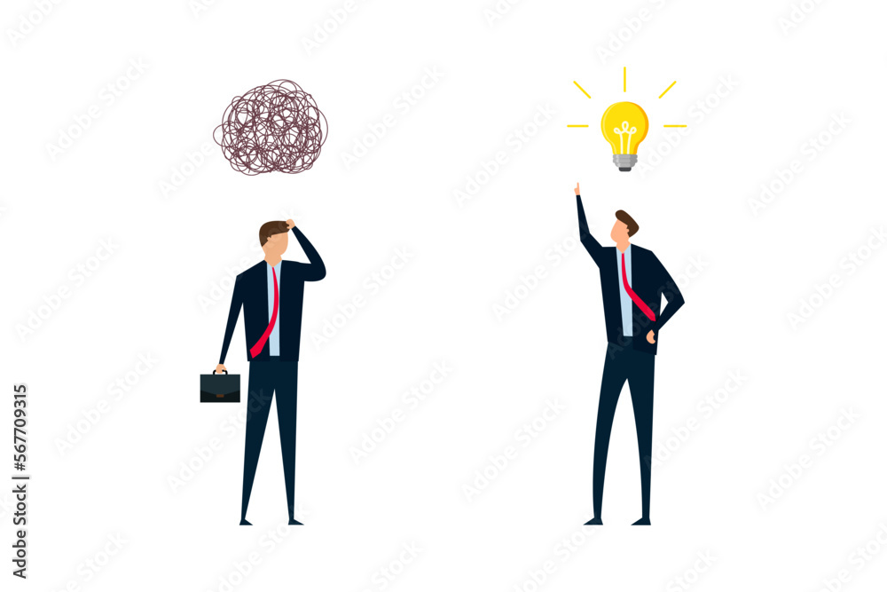 Simplified idea concept to solve difficult problems, businessmen discuss work using creativity to solve the idea of messy lines in light bulbs.