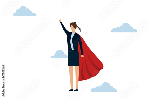 Women power, feminism concept, confident strong businesswoman wearing business suit with superhero cape