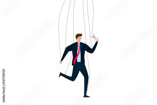 Freedom to work and make decisions, puppet entrepreneurs, puppeteers using scissors to cut controlled strings.