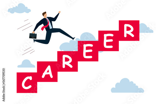 Personal development or career advancement, confident smart entrepreneur runs fast on career ladder to success.