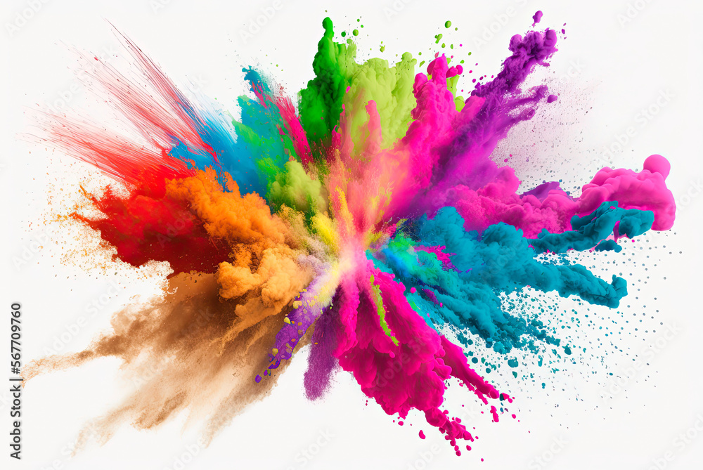 Multicolored explosion of rainbow holi powder paint isolated on white background. Generative AI - obrazy, fototapety, plakaty 