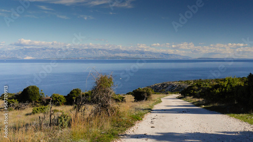 View over path towards ornithological station and mediterranean sea on Island Cres  Dalmatia  Croatia