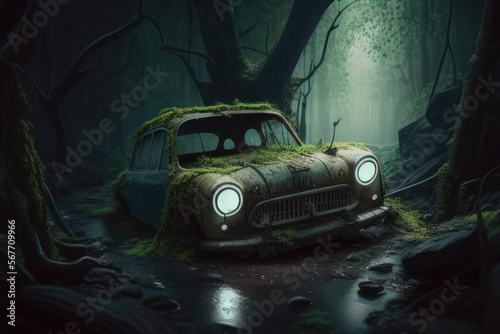 Abandoned car in the forest., Illustration. Generative AI. © Ferdal