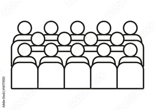 Audience, auditorium with sit people spectator back, line icon. Business training, conference, education people mass. Students on lecture, seminar. Vector outline
