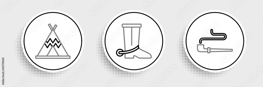 Set line Smoking pipe, Indian teepee or wigwam and Cowboy boot icon. Vector