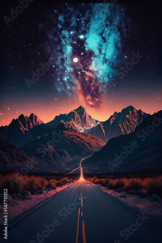 Starry night landscape, road and mountains around,  © Ivan