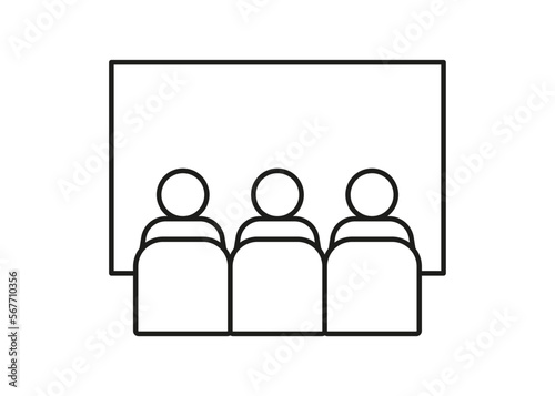 People watching movie in cinema, back view, line icon. Audience sit in chairs and watch movies, tv, news. Watching film on big screen. Vector