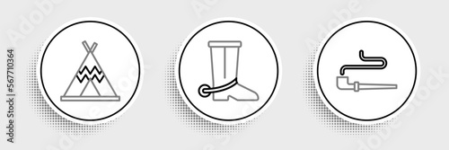 Set line Smoking pipe, Indian teepee or wigwam and Cowboy boot icon. Vector