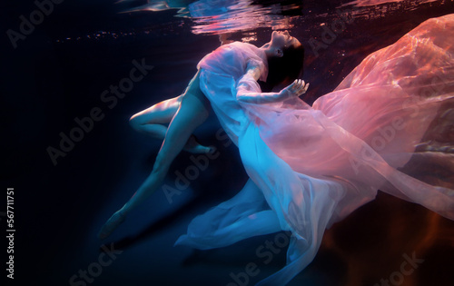 Woman model, ballerina underwater in a fluttering dress. Soft blurred focus.