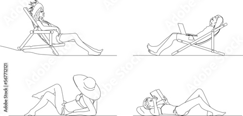 Vector sketch illustration of people relaxing sunbathing on the beach