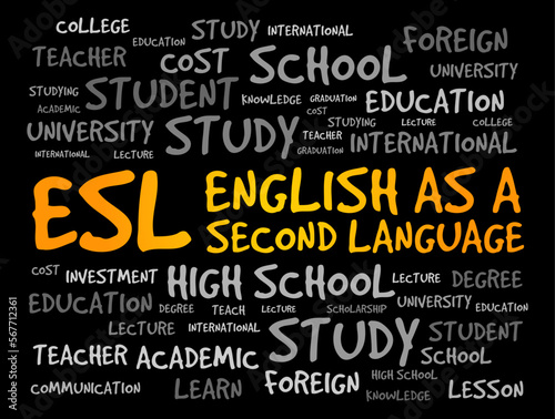 ESL - English as a Second Language acronym, word cloud text concept for presentations and reports photo