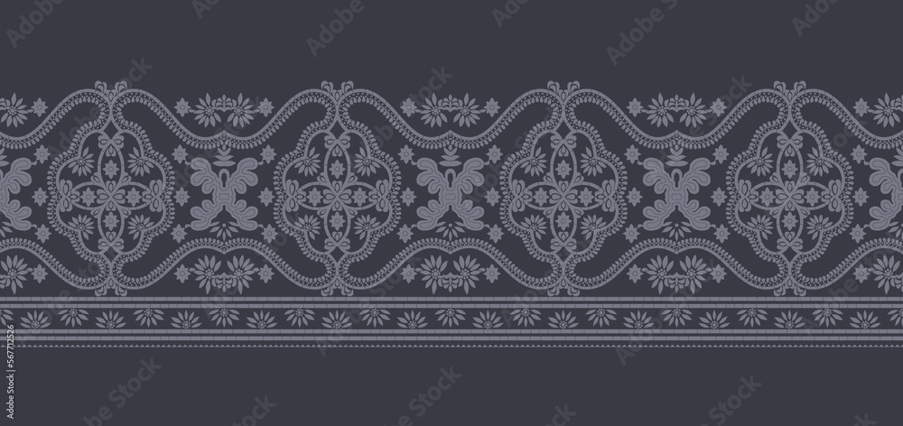 Ethnic border motif and traditional mughal art floral banch botanical flowers geometrical seamless pattern.