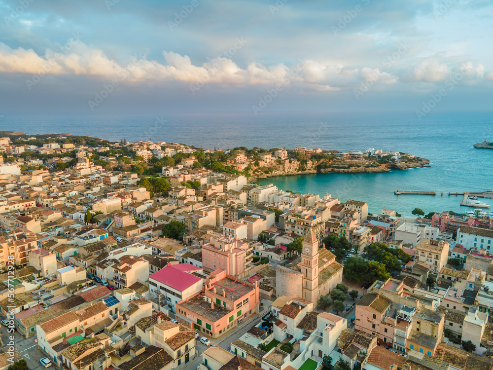 Porto Cristo, Mallorca from Drone, Aerial View, Port, Church, Town, Sunset, Golden Hour