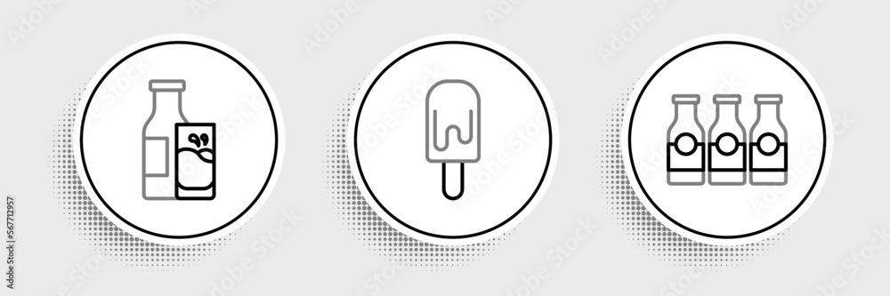 Set line Bottle with milk, and glass and Ice cream icon. Vector