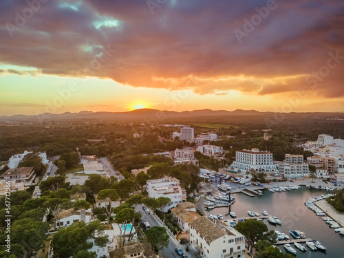 Porto Cristo, Mallorca from Drone, Aerial View, Port, Church, Town, Sunset, Golden Hour © Yaroslav