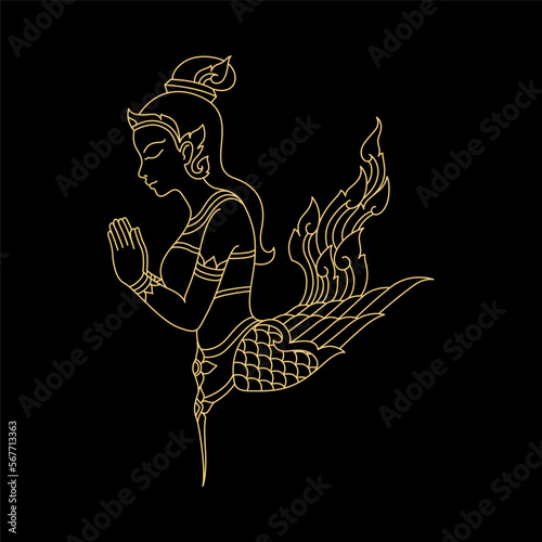 Thai angel in line art isolated vector illustration