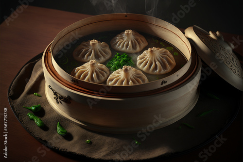 Oriental cuisine small steamed meatfilled buns photo