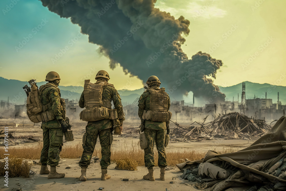 Three military soldiers looking at the burning battlefield, Generative AI