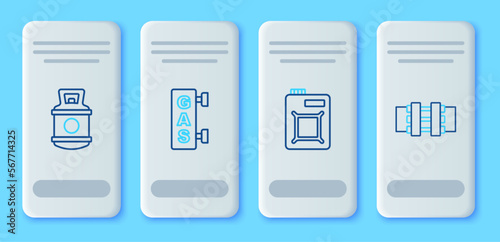Set line Gas filling station, Canister for motor oil, Propane gas tank and Metallic pipes and valve icon. Vector