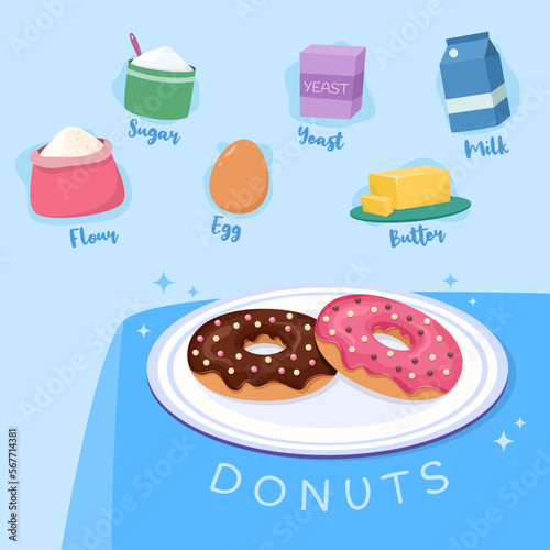 Illustration of ingredients donuts recipe include flour  sugar  egg  yeast  butter and milk vector design