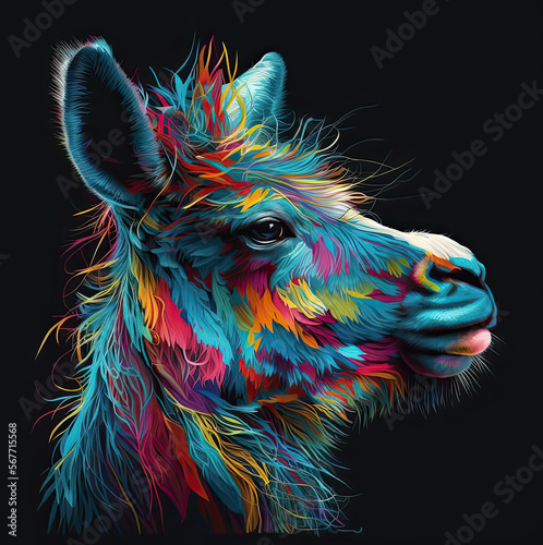Alpaca   Llama portrait. Abstract  hand-drawn  multi-colored portrait of an alpaca llama on a black background. Generative AI