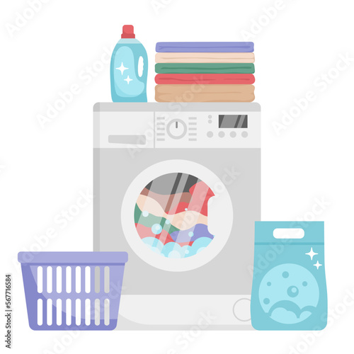 The process of washing clothes in a washing machine. Laundry Vector Elements: Detergent, Stack of Clean Towels, Laundry Basket