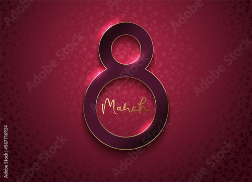 Burgundy color 8 March luxury frame on pink red floral pattern background. Women's day vector elegance design illustration. Realistic shiny luxury number frame, luxury feminine background, wallpaper