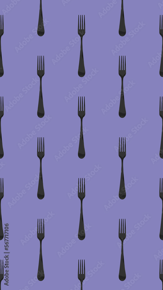 pattern. Fork top view on pastel blue violet background. Template for applying to surface. Vertical image. Flat lay. 3D image. 3D rendering. pattern. Fork top view on pastel blue violet background. Template for applying to surface. Vertical image. Flat lay. 3D image. 3D rendering.
