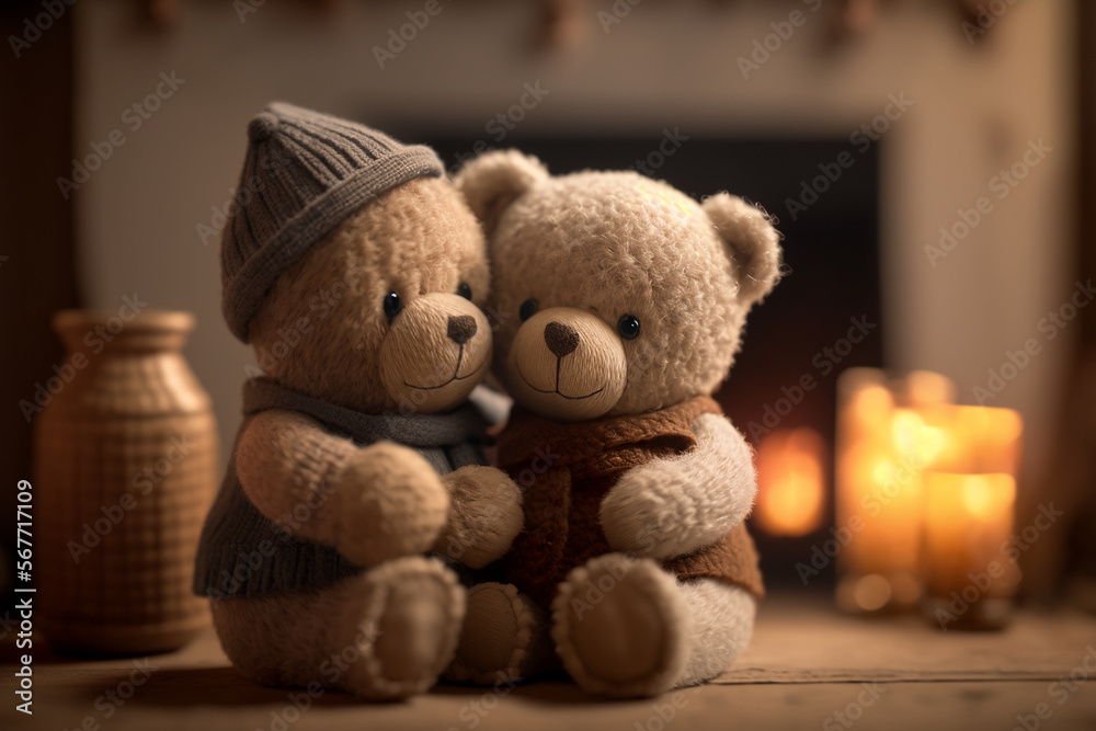 A cute teddy couple celebrating valentine's day with a cozy background A cute teddy couple celebrating valentine's day with a cozy background