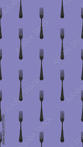 pattern. Fork top view on pastel blue violet background. Template for applying to surface. Vertical image. Flat lay. 3D image. 3D rendering.