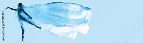 Wallpaper Mural Graceful woman, beautiful ballerina dancing, performing with transparent fabric over light blue background in neon. Concept of art, beauty, dance aesthetics, choreography. Banner. Copy space for ad Torontodigital.ca