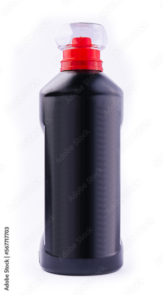 Black plastic bottle with red cap for detergent Black plastic bottle with red cap for detergent