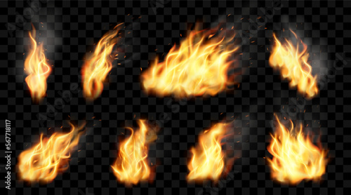 Fire flame. Realistic burn effect. Hot combustion. Spark and smoke. Hell blaze. Red and dark fireplace. Fiery explosion. Torch light. Bonfire elements set. Vector neoteric illustration