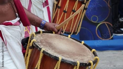 Bangalore, India 22nd January 2023: Traditional South Indian Music. KERELA TRADITIONAL DRUMMER. CHENDA MELAM. Taadam. Indian drummers playing Chenda drums during the celebration. photo