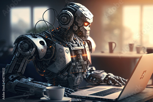 robot is typing on a laptop keyboard in the office. Concept of future of artificial intelligence. Generative AI