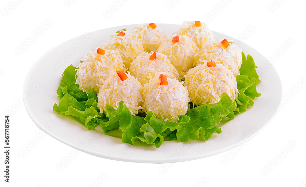 Cheese balls with garlic and mayonnaise on lettuce leaf Cheese balls with garlic and mayonnaise on lettuce leaf