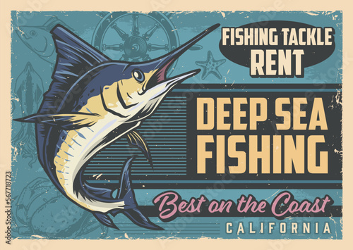 Sea fishing poster vintage colorful