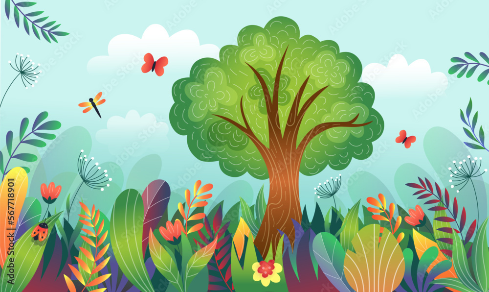 Magic wild nature. Enchanted garden. Forest wallpaper. Enchant kids natural  space. Jungle plants. Flying butterflies. Magical woods. Fairytale  landscape. Vector cartoon tidy background Stock Vector | Adobe Stock
