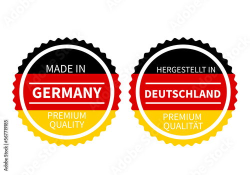 Made in Germany round labels in English and in German languages. Quality mark vector icon. Perfect for logo design, tags, badges, stickers, emblem, product package, etc