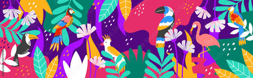 Obraz premium Tropic brazil pattern with nature, birds and flowers. Cute flamingo in leaves, colorful parrots, carnival summer festival. Modern background for banner. Vector abstract garish illustration