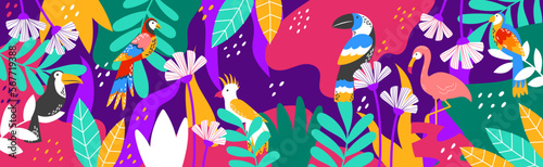 Tropic brazil pattern with nature  birds and flowers. Cute flamingo in leaves  colorful parrots  carnival summer festival. Modern background for banner. Vector abstract garish illustration