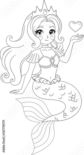 Cute mermaid with long hair. Isolated outline for coloring page