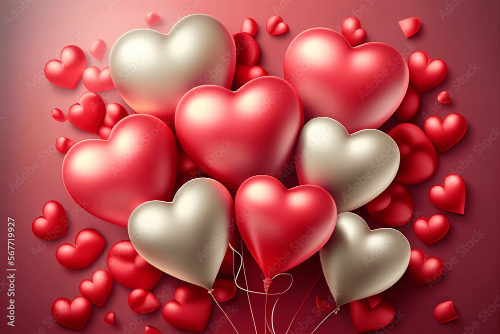 Valentine's day background with colorful hearts. Variety of hearts shaped balloons flying around. Illustration