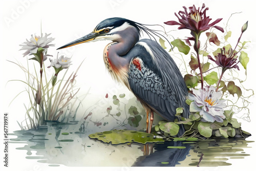 Bild auf Leinwand wallpaper Digital drawing of a water heron with lotus plants in the lake Genrati