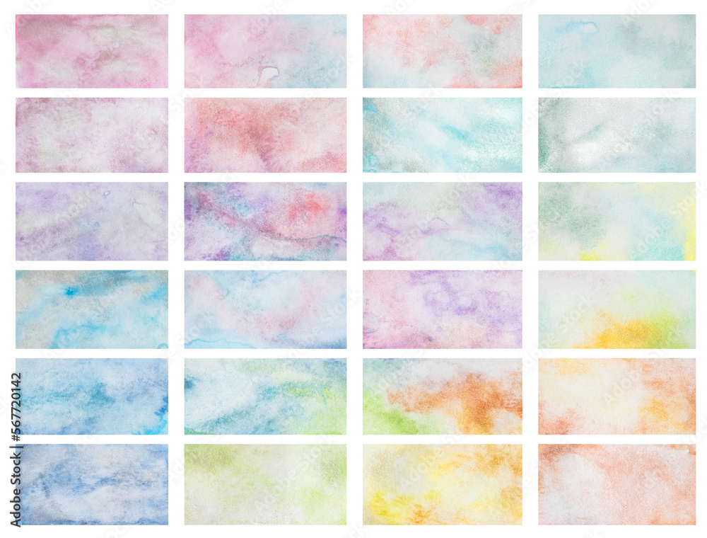Big set of bright colorful watercolor background textures. Web banners on transparent background, png