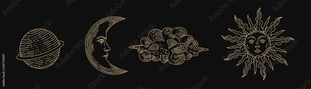 Fototapeta premium Set of linear vector illustrations. Hand drawn celestial illustrations featuring sun, moon, planet, clouds. design elements for decoration in a modern style. Drawings for social media posts, stories.