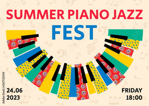 Music, piano jazz festival poster. Abstract key for summer party concept, album cover, modern event. Trendy colorful keyboard. Invitation banner template. Vector pattern current illustration